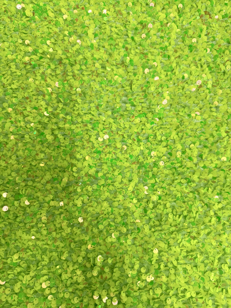 Stephanie IRIDESCENT LIME GREEN Overlap Sequins on Lime Stretch Velvet Fabric by the Yard for Gowns, Apparel, Costumes, Crafts