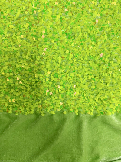 Stephanie IRIDESCENT LIME GREEN Overlap Sequins on Lime Stretch Velvet Fabric by the Yard for Gowns, Apparel, Costumes, Crafts