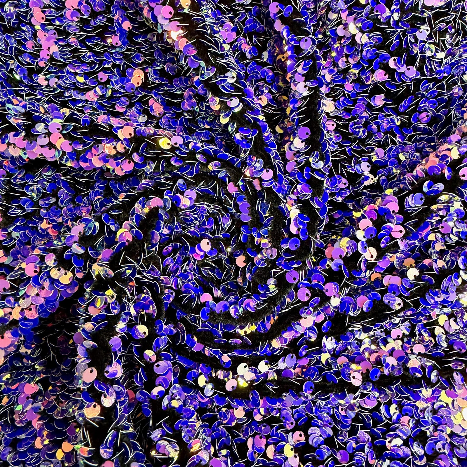 Stephanie IRIDESCENT PINK ROYAL Overlap Sequins on Black Stretch Velvet Fabric by the Yard for Gowns, Apparel, Costumes, Crafts - 10185
