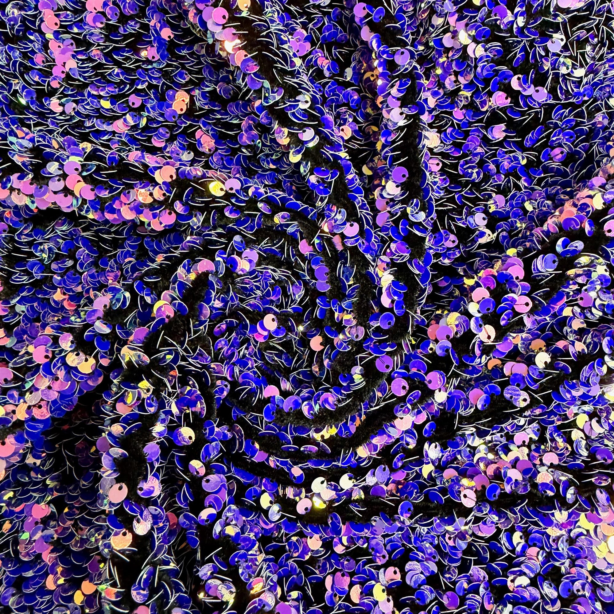 Stephanie IRIDESCENT PINK ROYAL Overlap Sequins on Black Stretch Velvet Fabric by the Yard for Gowns, Apparel, Costumes, Crafts - 10185
