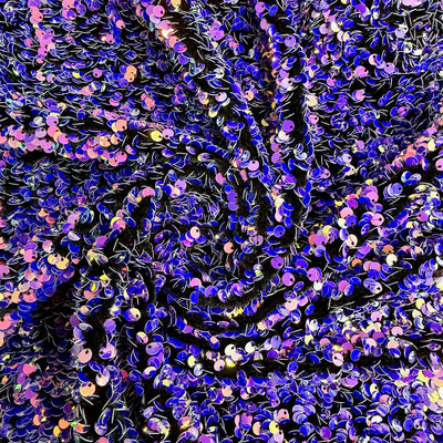 Stephanie IRIDESCENT PINK ROYAL Overlap Sequins on Black Stretch Velvet Fabric by the Yard for Gowns, Apparel, Costumes, Crafts - 10185
