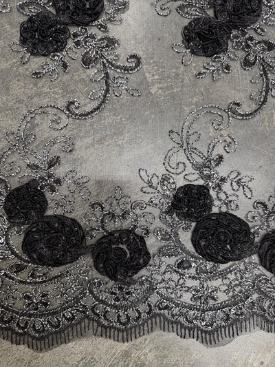 Ryleigh BLACK 3-D Floral Embroidery with Silver Foil & Sequins on Mesh Lace Fabric by the Yard - 10010
