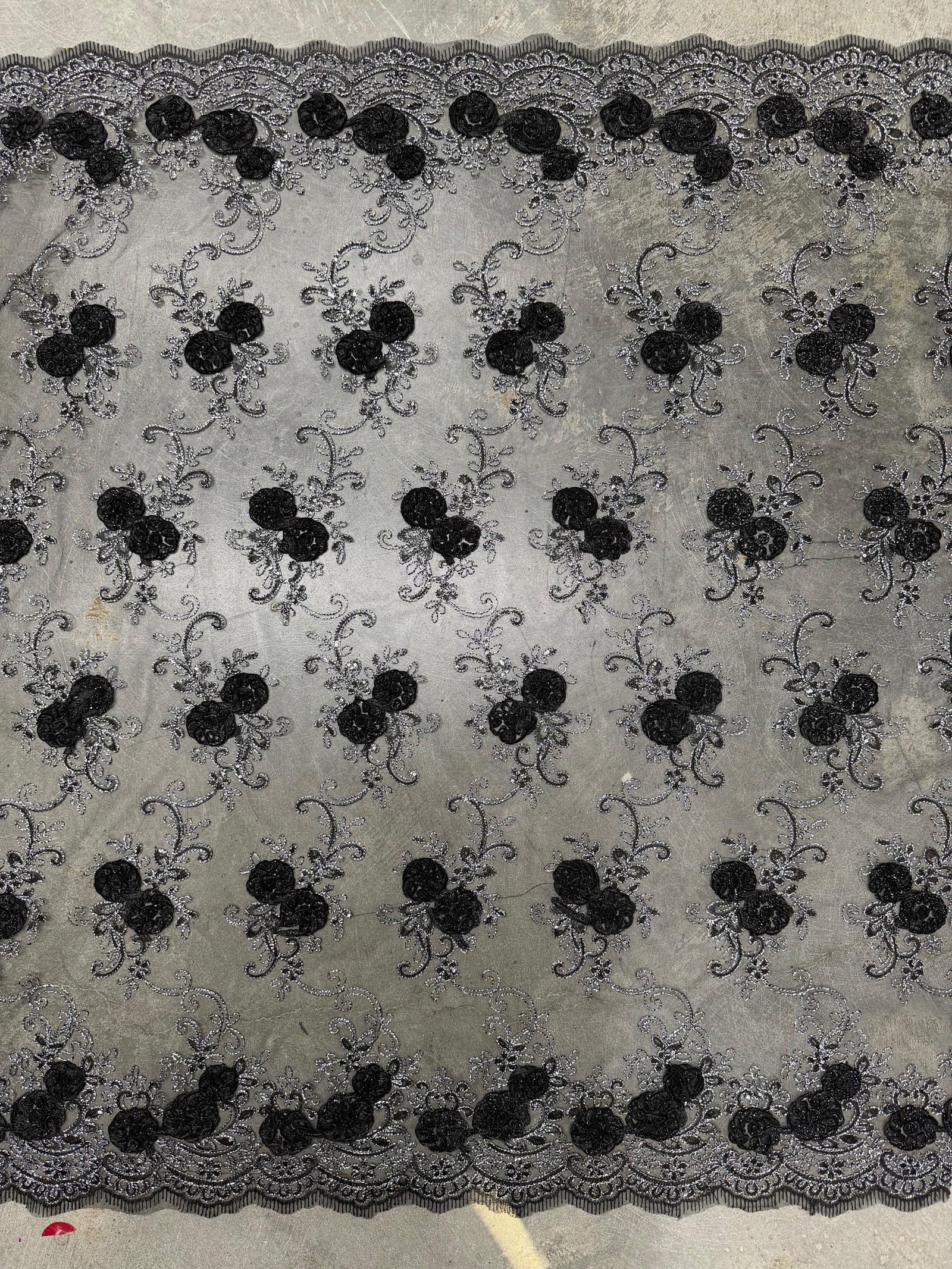 Ryleigh BLACK 3-D Floral Embroidery with Silver Foil & Sequins on Mesh Lace Fabric by the Yard - 10010