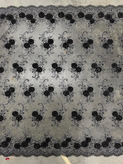 Ryleigh BLACK 3-D Floral Embroidery with Silver Foil & Sequins on Mesh Lace Fabric by the Yard - 10010