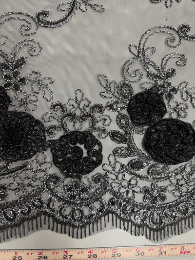 Ryleigh BLACK 3-D Floral Embroidery with Silver Foil & Sequins on Mesh Lace Fabric by the Yard - 10010