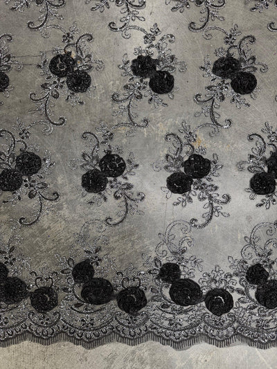 Ryleigh BLACK 3-D Floral Embroidery with Silver Foil & Sequins on Mesh Lace Fabric by the Yard - 10010
