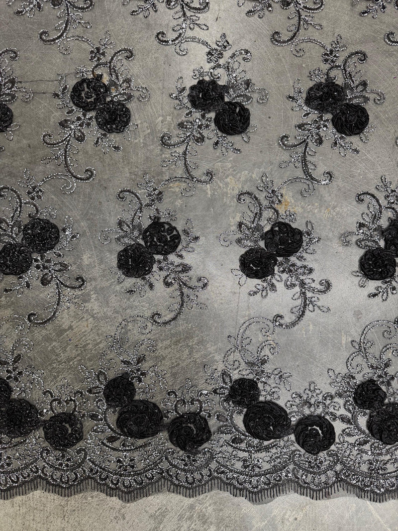 Ryleigh BLACK 3-D Floral Embroidery with Silver Foil & Sequins on Mesh Lace Fabric by the Yard - 10010