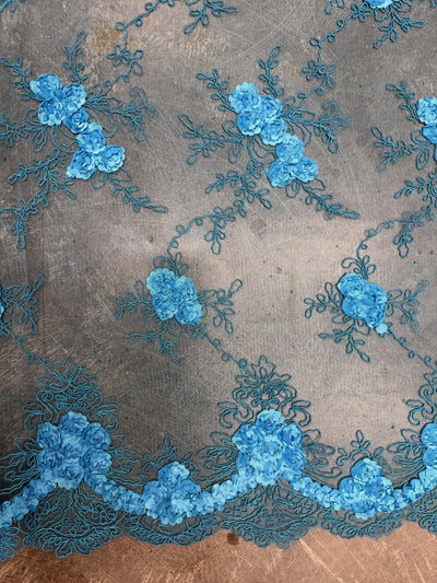 Andrea TURQUOISE 3D Floral Matte Corded Embroidery on Mesh Lace Fabric by the Yard - 10016