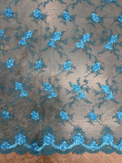 Andrea TURQUOISE 3D Floral Matte Corded Embroidery on Mesh Lace Fabric by the Yard - 10016