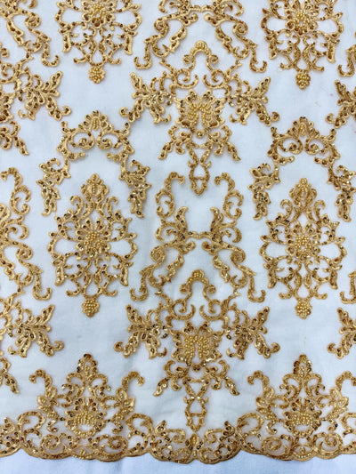 Helena-B GOLD Embroidered Damask Pattern with Faux Pearls and Beads on Mesh Lace Fabric by the Yard - 10225