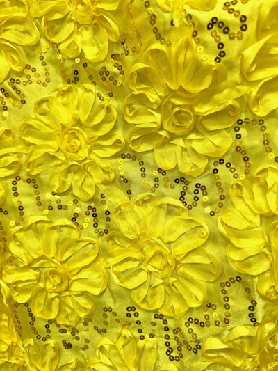 Allie YELLOW 3D Floral Polyester Satin Rosette with Sequins Fabric by the Yard - 10051