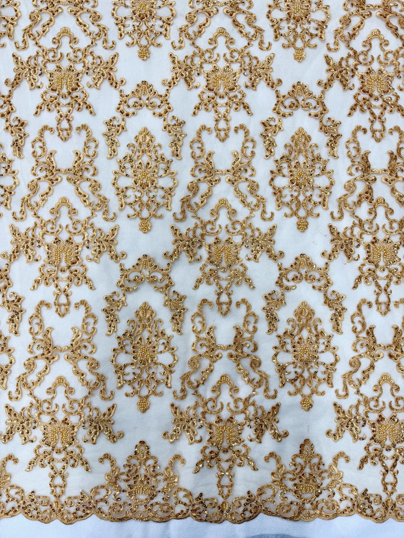 Helena-B GOLD Embroidered Damask Pattern with Faux Pearls and Beads on Mesh Lace Fabric by the Yard - 10225