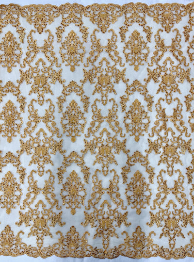 Helena-B GOLD Embroidered Damask Pattern with Faux Pearls and Beads on Mesh Lace Fabric by the Yard - 10225