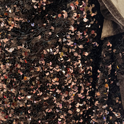 Stephanie BROWN Overlap Sequins on BLACK Stretch Velvet Fabric by the Yard for Gowns, Apparel, Costumes, Crafts - 10185