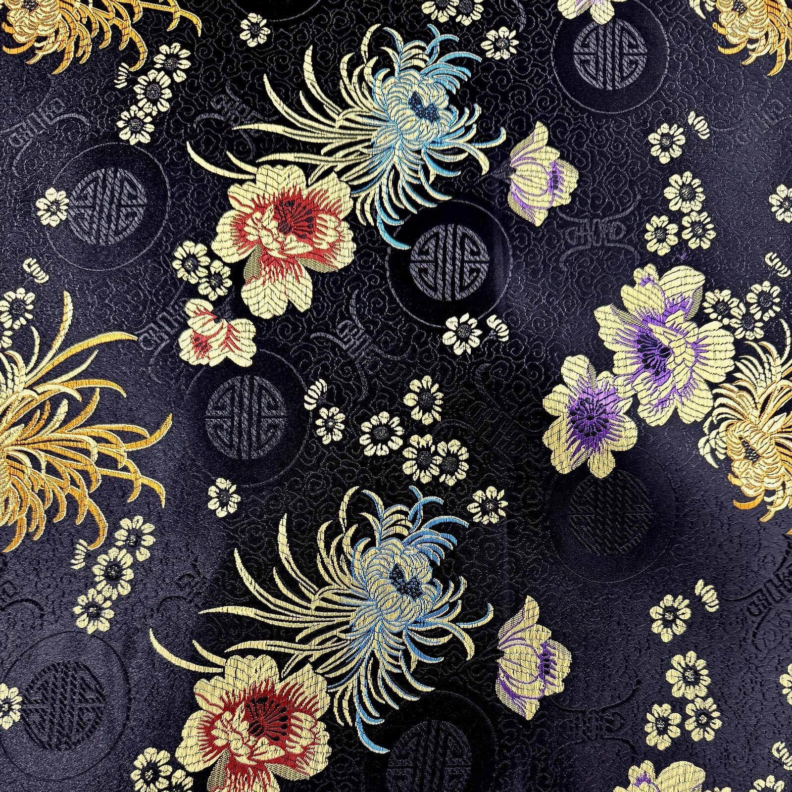 Kate BLACK Floral Brocade Chinese Satin Fabric by the Yard - 10037