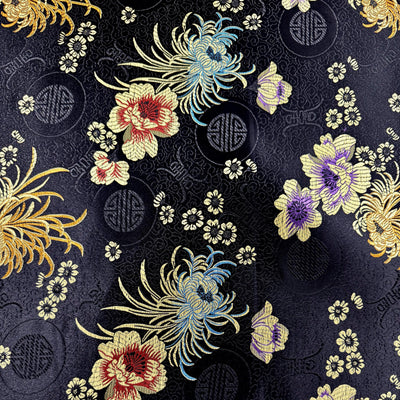 Kate BLACK Floral Brocade Chinese Satin Fabric by the Yard - 10037