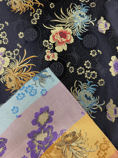 Kate BLACK Floral Brocade Chinese Satin Fabric by the Yard - 10037