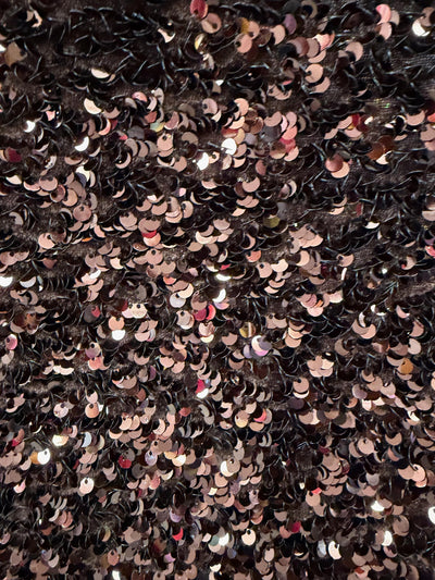 Stephanie BROWN Overlap Sequins on BLACK Stretch Velvet Fabric by the Yard for Gowns, Apparel, Costumes, Crafts - 10185
