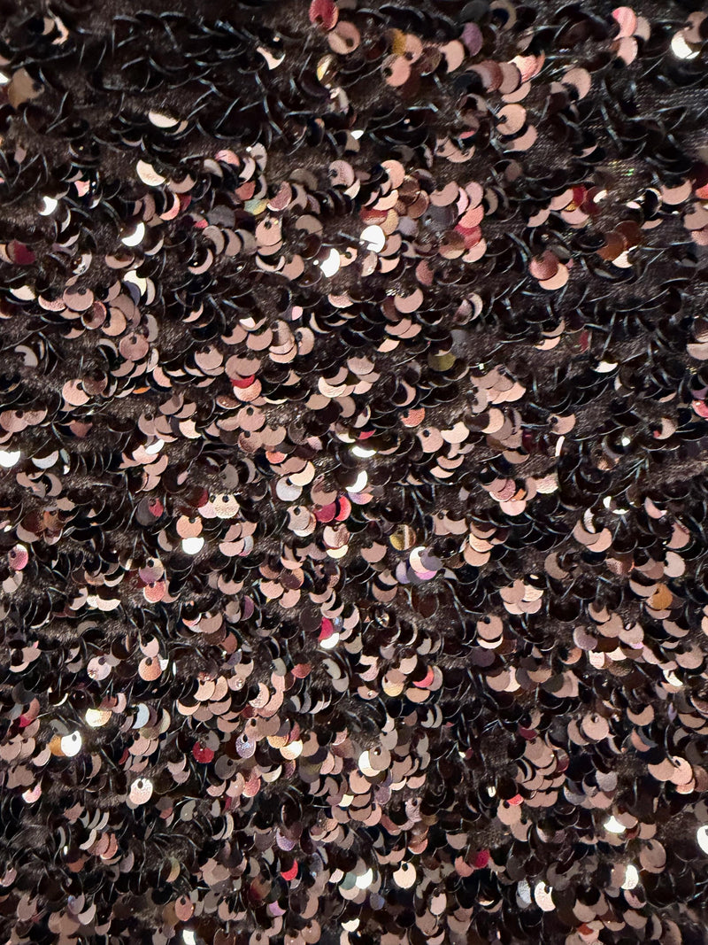 Stephanie BROWN Overlap Sequins on BLACK Stretch Velvet Fabric by the Yard for Gowns, Apparel, Costumes, Crafts - 10185