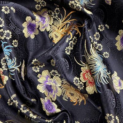 Kate BLACK Floral Brocade Chinese Satin Fabric by the Yard - 10037