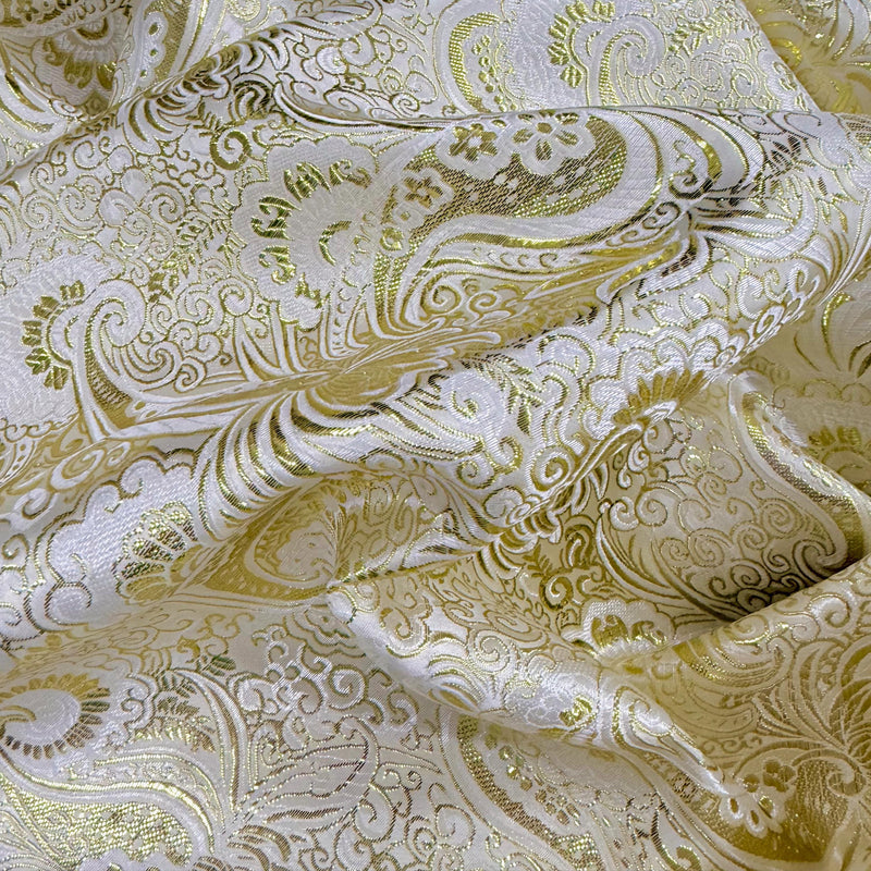 Brynn GOLD IVORY Paisley Floral Brocade Chinese Satin Fabric by the Yard - 10054