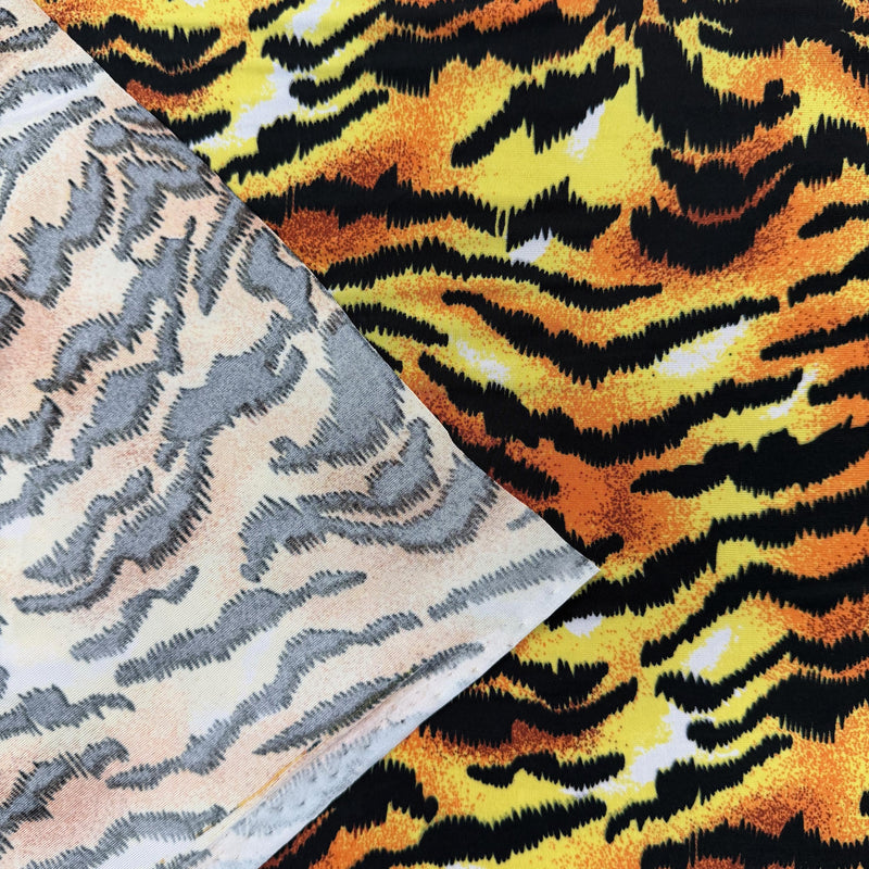 Georgia BLACK ORANGE Tiger Printed Polyester Spandex 4-way Stretch Medium Weight Fabric for Apparel, Swimwear, Activewear, Costumes, Crafts