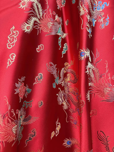 Hope DARK RED Dragon Brocade Chinese Satin Fabric by the Yard - 10040