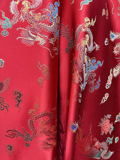 Hope DARK RED Dragon Brocade Chinese Satin Fabric by the Yard - 10040