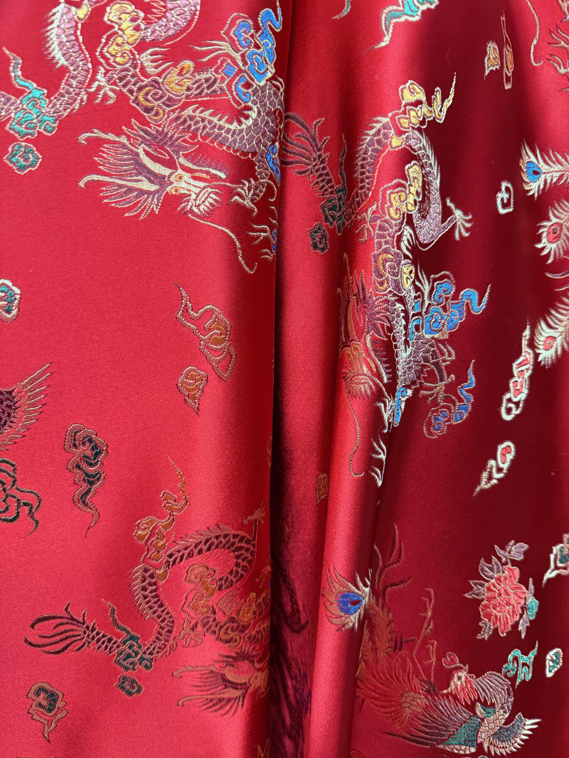 Hope DARK RED Dragon Brocade Chinese Satin Fabric by the Yard - 10040