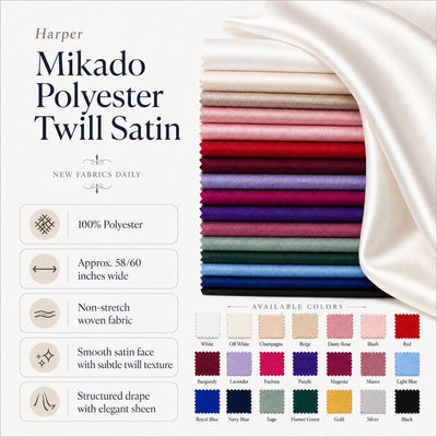 Harper MIKADO Polyester Twill Satin Fabric for Dresses, Skirts, Gowns, Wedding Dresses, Costumes