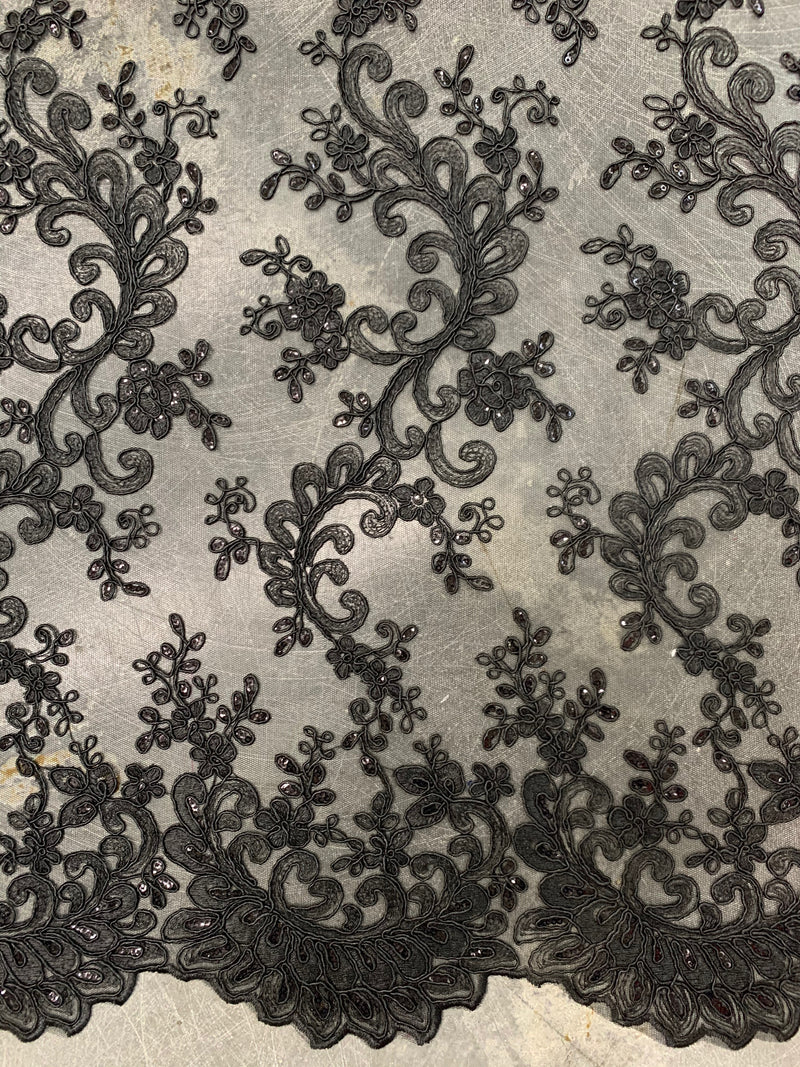 Melody BLACK Polyester Floral Embroidery with Sequins on Mesh Lace Fabric by the Yard for Gown, Wedding, Bridesmaid, Prom