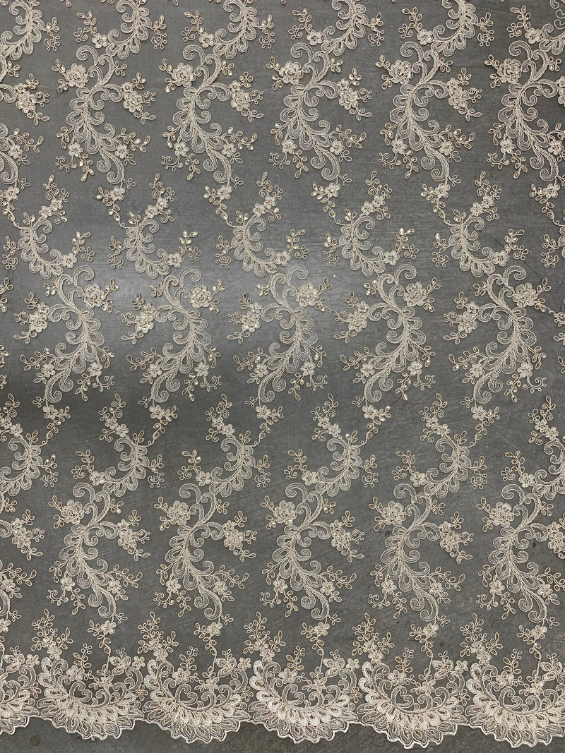 Melody CREAM Polyester Floral Embroidery with Sequins on Mesh Lace Fabric by the Yard for Gown, Wedding, Bridesmaid, Prom