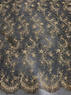 Melody GOLD Polyester Floral Embroidery with Sequins on BLACK Mesh Lace Fabric by the Yard for Gown, Wedding, Bridesmaid, Prom
