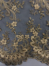 Melody GOLD Polyester Floral Embroidery with Sequins on BLACK Mesh Lace Fabric by the Yard for Gown, Wedding, Bridesmaid, Prom