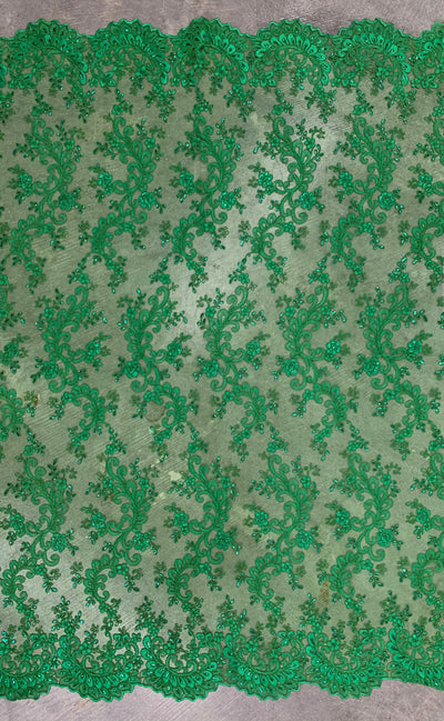 Melody GREEN  Polyester Floral Embroidery with Sequins on Mesh Lace Fabric by the Yard for Gown, Wedding, Bridesmaid, Prom