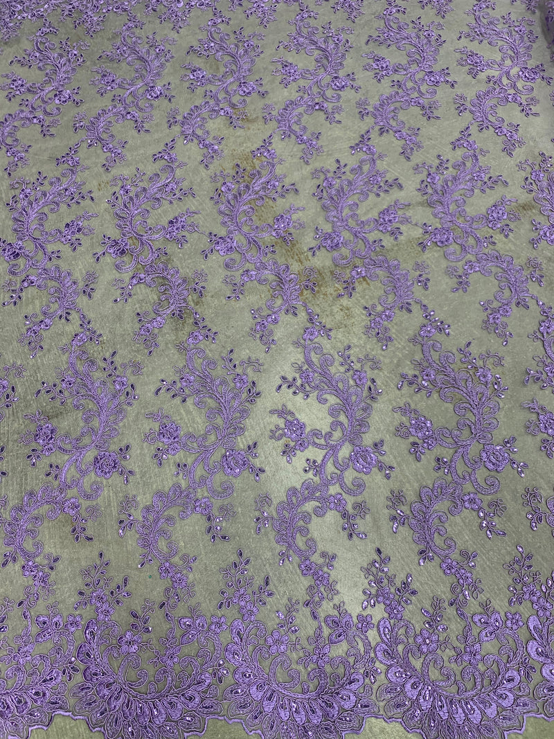 Melody LILAC Polyester Floral Embroidery with Sequins on Mesh Lace Fabric by the Yard for Gown, Wedding, Bridesmaid, Prom