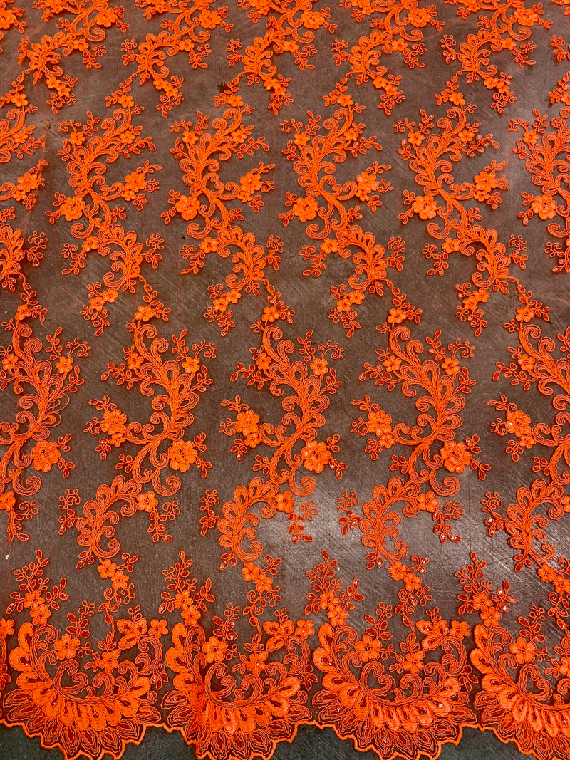 Melody NEON ORANGE Polyester Floral Embroidery with Sequins on Mesh Lace Fabric by the Yard for Gown, Wedding, Bridesmaid, Prom