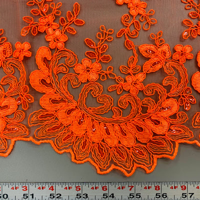 Melody NEON ORANGE Polyester Floral Embroidery with Sequins on Mesh Lace Fabric by the Yard for Gown, Wedding, Bridesmaid, Prom