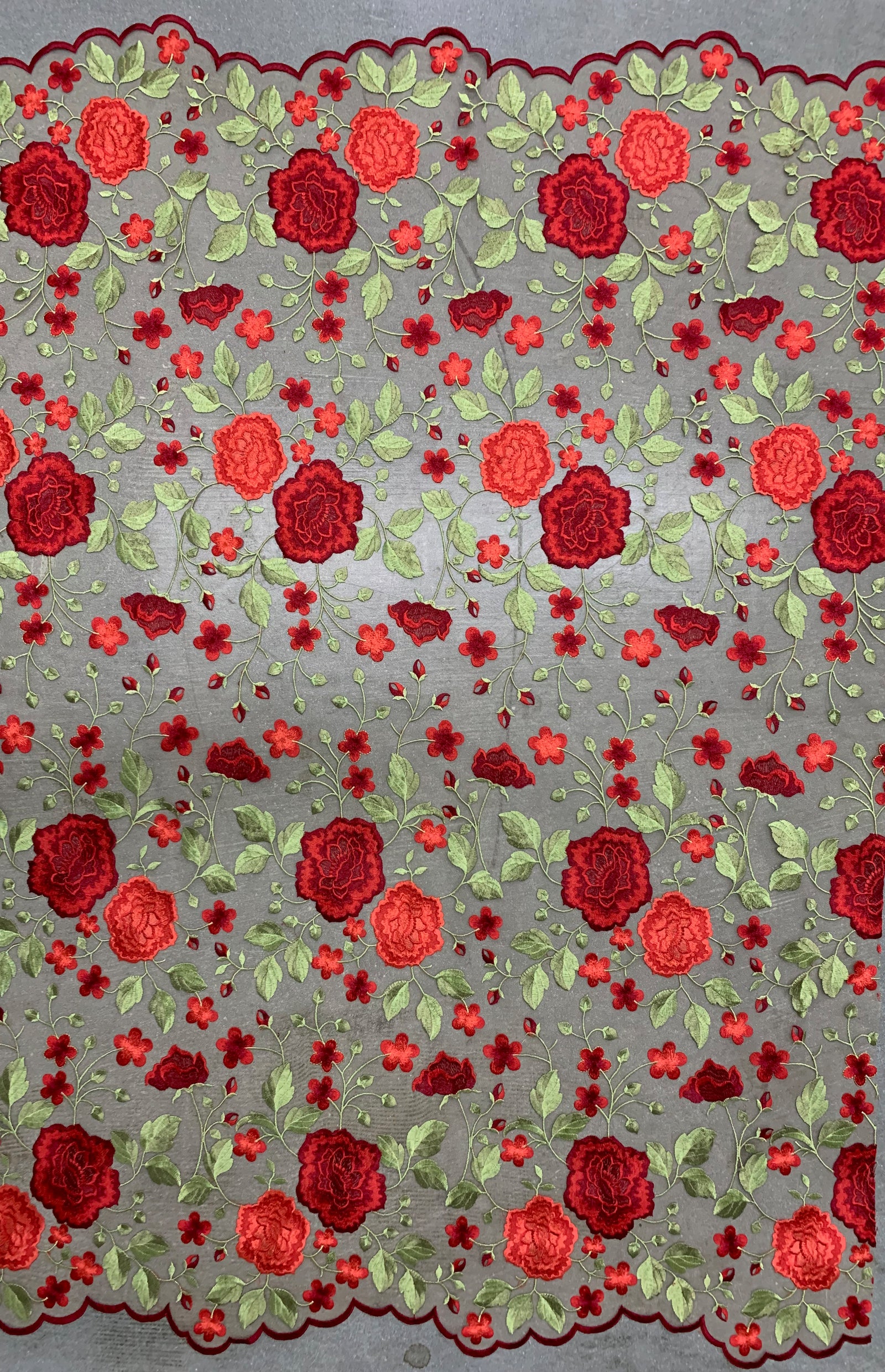 Iris RED Floral and Leaves Embroidery on NUDE Mesh Lace Fabric by the Yard