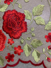 Iris RED Floral and Leaves Embroidery on WHITE Mesh Lace Fabric by the Yard