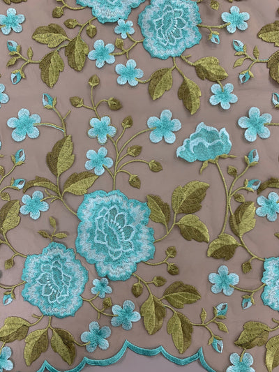 Iris TURQUOISE Floral and Leaves Embroidery on Mesh Lace Fabric by the Yard