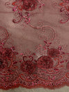 Ryleigh BURGUNDY 3D Floral Embroidery with Foil & Sequins on Mesh Lace Fabric