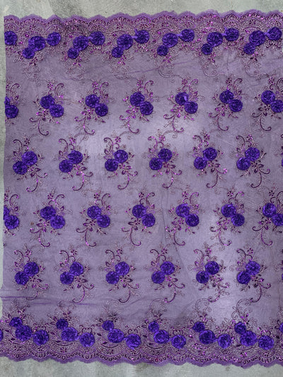 Ryleigh DEEP VIOLET 3D Floral Embroidery with Foil & Sequins on Mesh Lace Fabric