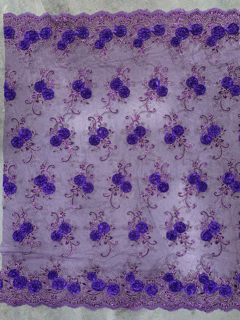 Ryleigh DEEP VIOLET 3D Floral Embroidery with Foil & Sequins on Mesh Lace Fabric