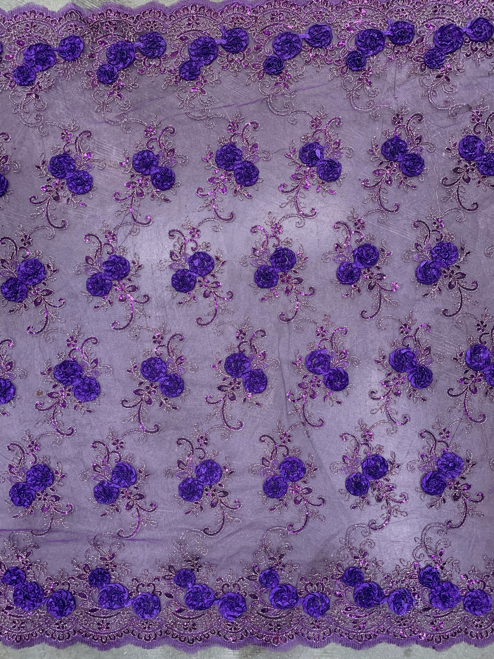 Ryleigh DEEP VIOLET 3D Floral Embroidery with Foil & Sequins on Mesh Lace Fabric