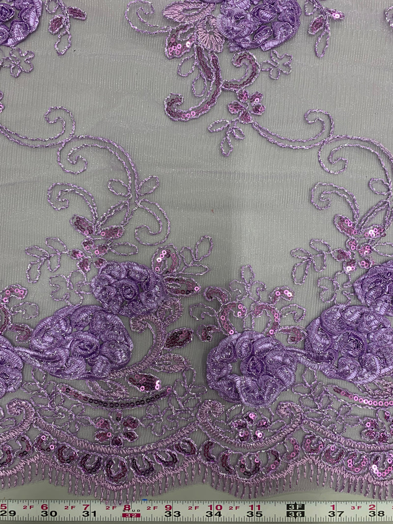 Ryleigh LAVENDER 3D Floral Embroidery with Foil & Sequins on Mesh Lace Fabric