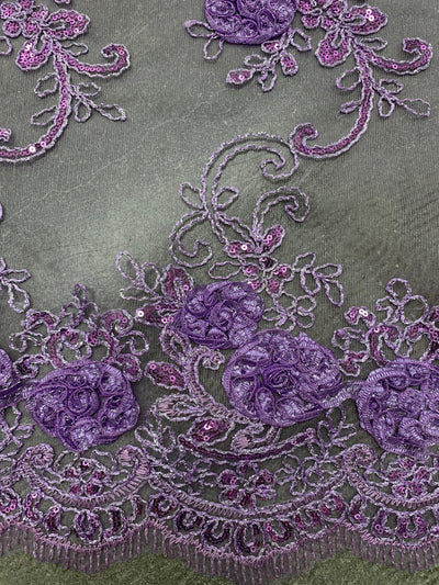 Ryleigh LAVENDER 3D Floral Embroidery with Foil & Sequins on Mesh Lace Fabric