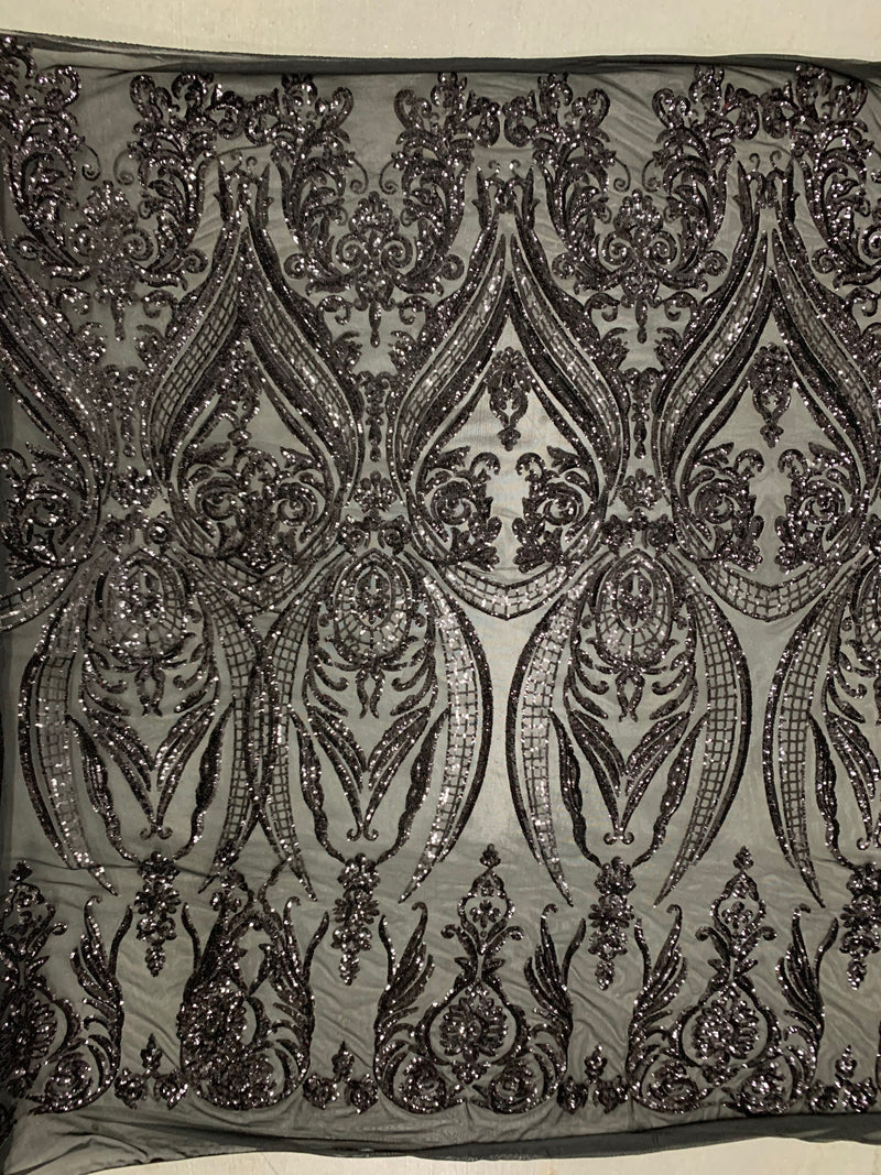 Alaina BLACK Curlicue Sequins on Mesh Lace Fabric by the Yard