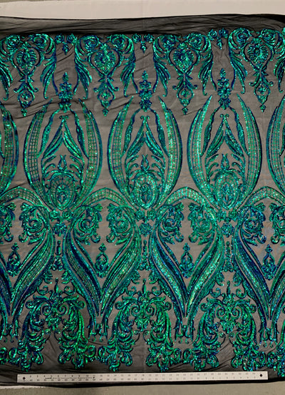 Alaina IRIDESCENT GREEN BLUE Mermaid Curlicue Sequins on Mesh Lace Fabric by the Yard