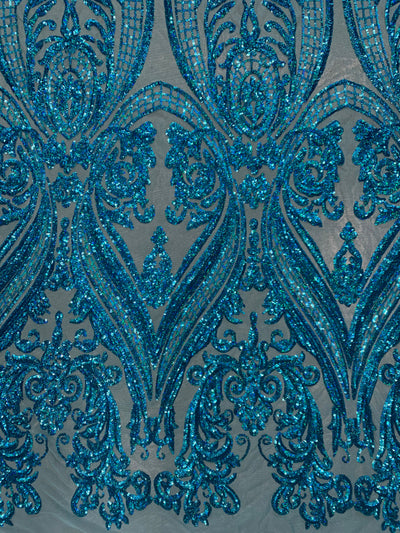 Alaina IRIDESCENT TURQUOISE Curlicue Sequins on Mesh Lace Fabric by the Yard
